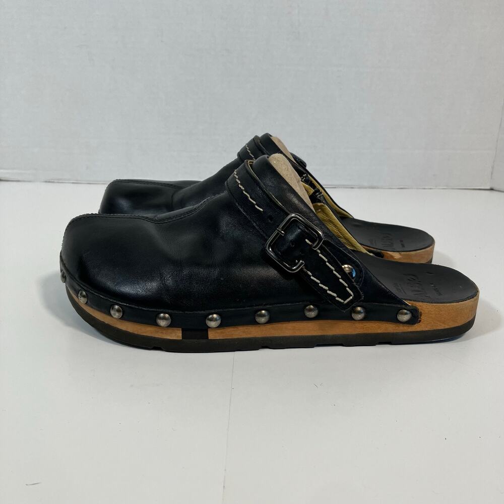 Earth Kalso Shanti Black Leather & Wood Slip Clogs Mules Negative Heel FLAWS